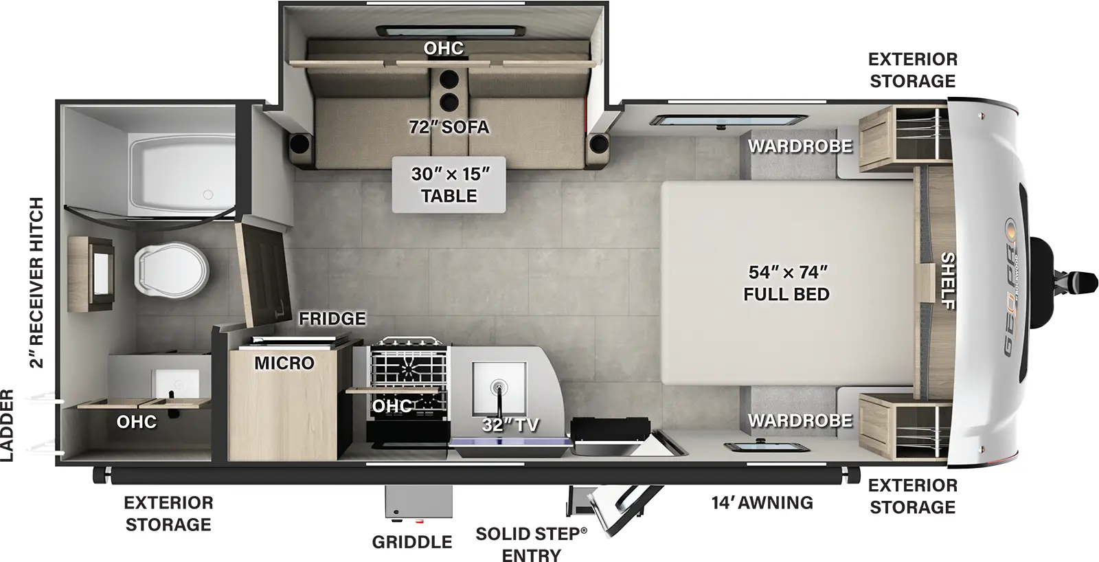 The Rockwood Geo Pro G20FBS has one entry and one slide out. Exterior features include: fiberglass exterior and 14' awning. Interiors features include: front bedroom and rear bathroom.